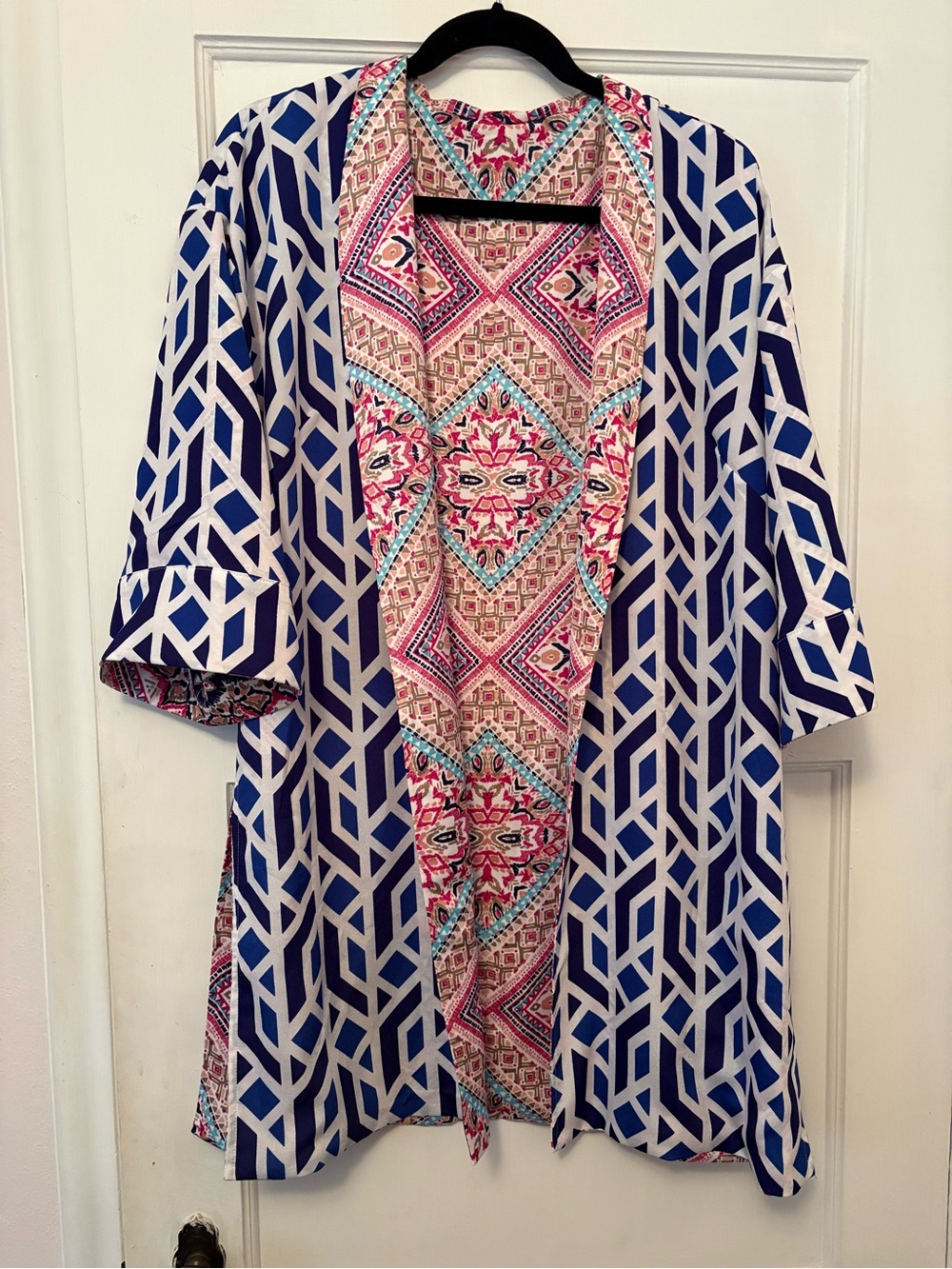 Chico’s Reversible Art to Wear Kimono Jacket Blue Geometric Pink Paisley